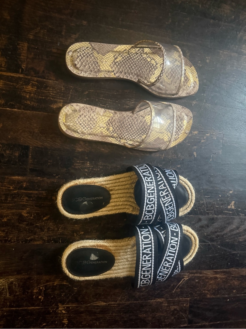 BCBGeneration Black Logo Espadrille Slide Sandals and Aldo Snakeskin Slid